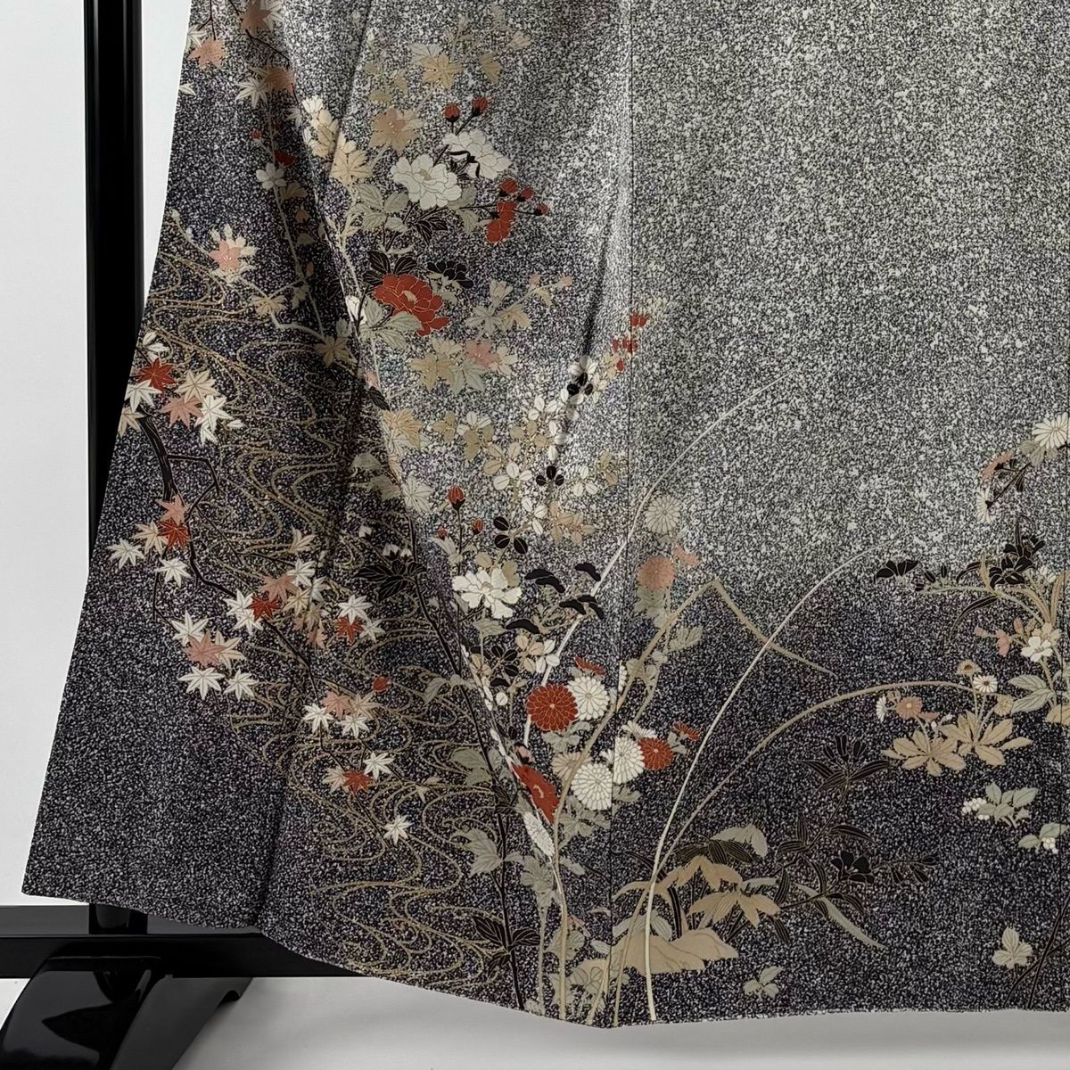 訪問着 身丈160 cm 裄丈64 M 袷 枝花 流水 金彩 黒灰 正絹 秀品