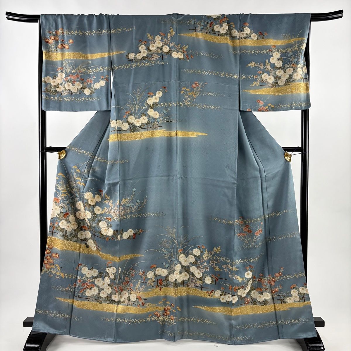 訪問着 身丈165cm 裄丈68cm L 袷 菊 秋草 金糸 金彩 青灰色 正絹 秀品