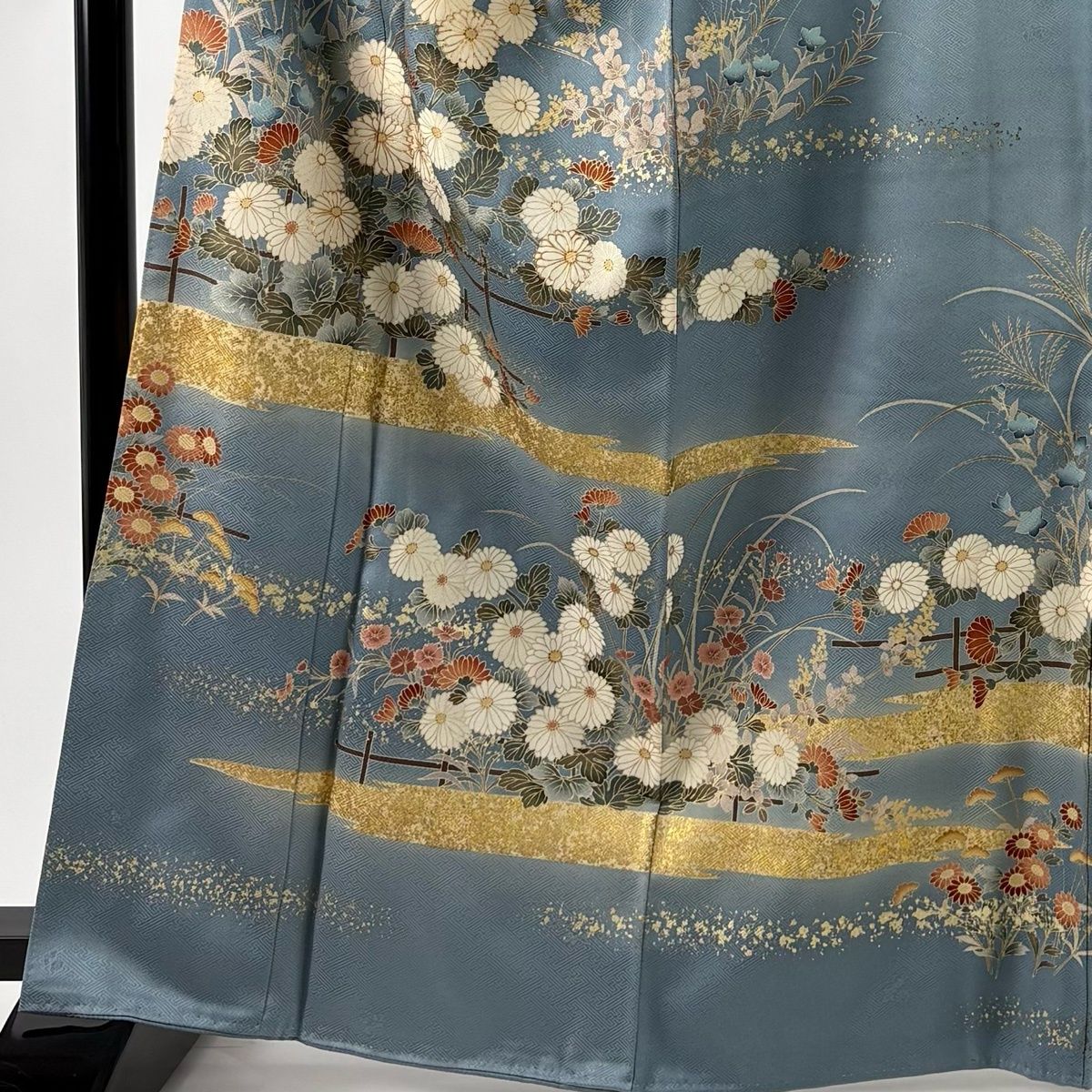 訪問着 身丈165 cm 裄丈68 L 袷 菊 秋草 金糸 金彩 青灰色 正絹 秀品 一つ紋