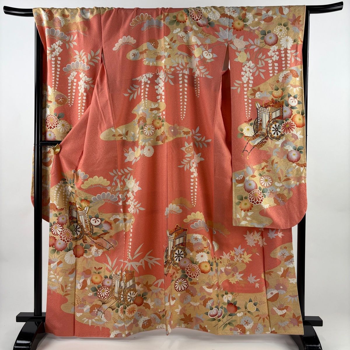 振袖 身丈164.5 cm 裄丈68.5 L 袷 御所車 松竹梅 金糸 金銀彩 サーモンピンク 正絹 秀品