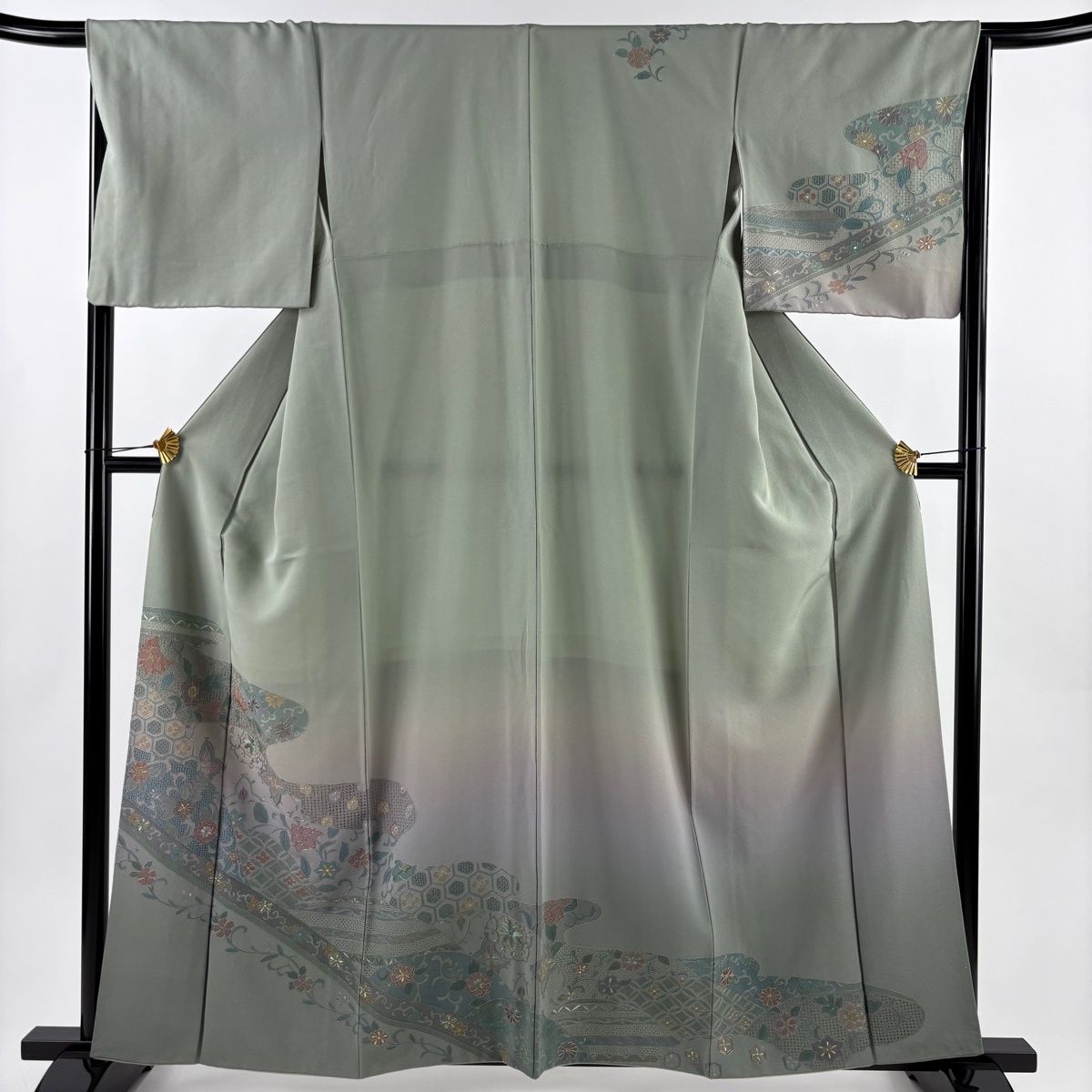 訪問着 身丈160 cm 裄丈67.5 L 袷 草花 七宝 金糸 刺繍 灰緑 正絹 秀品