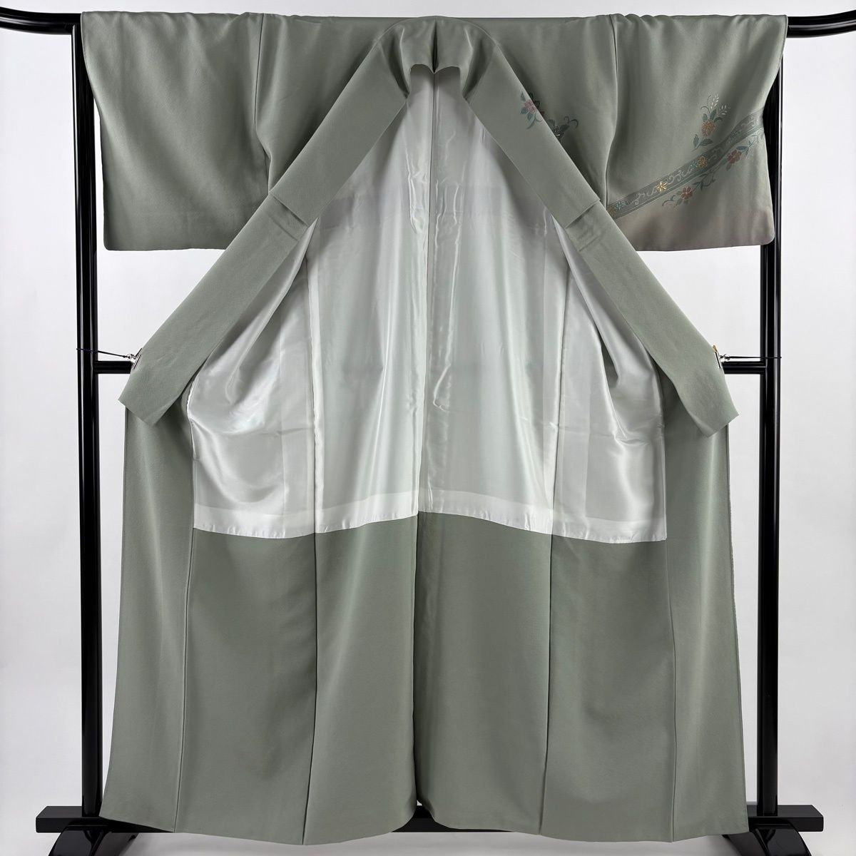  訪問着 身丈160 cm 裄丈67 5 L 袷 草花 七宝 金糸 刺繍 灰緑 正絹 秀品 訪問着 付け下げ 着物