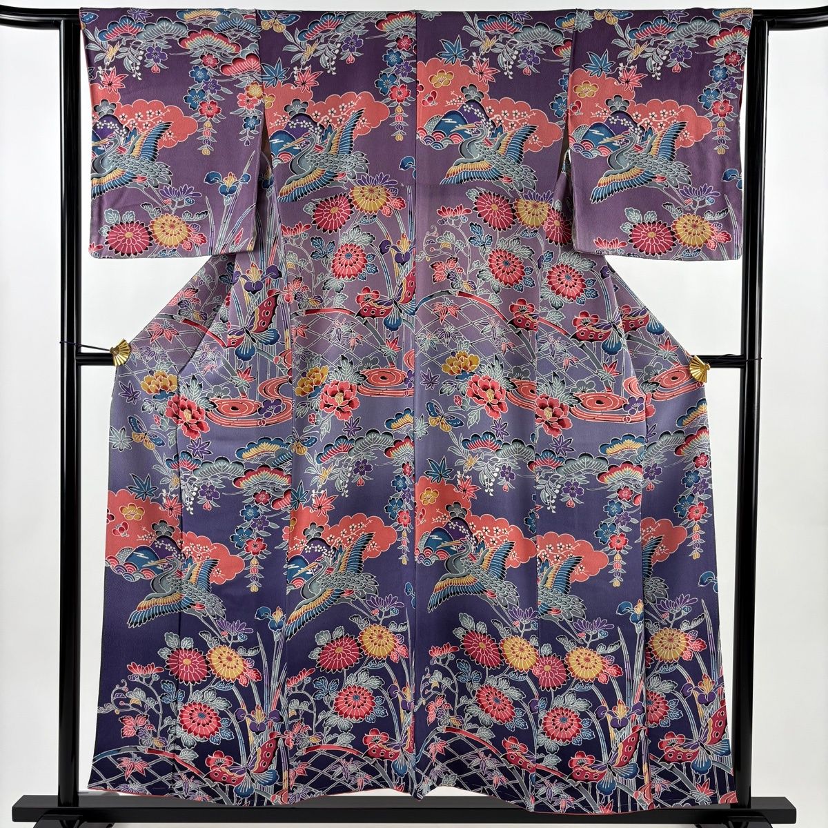 付下げ 身丈154 cm 裄丈64 5 M 袷 鶴 松竹梅 縮緬 ぼかし 紫 正絹 秀品