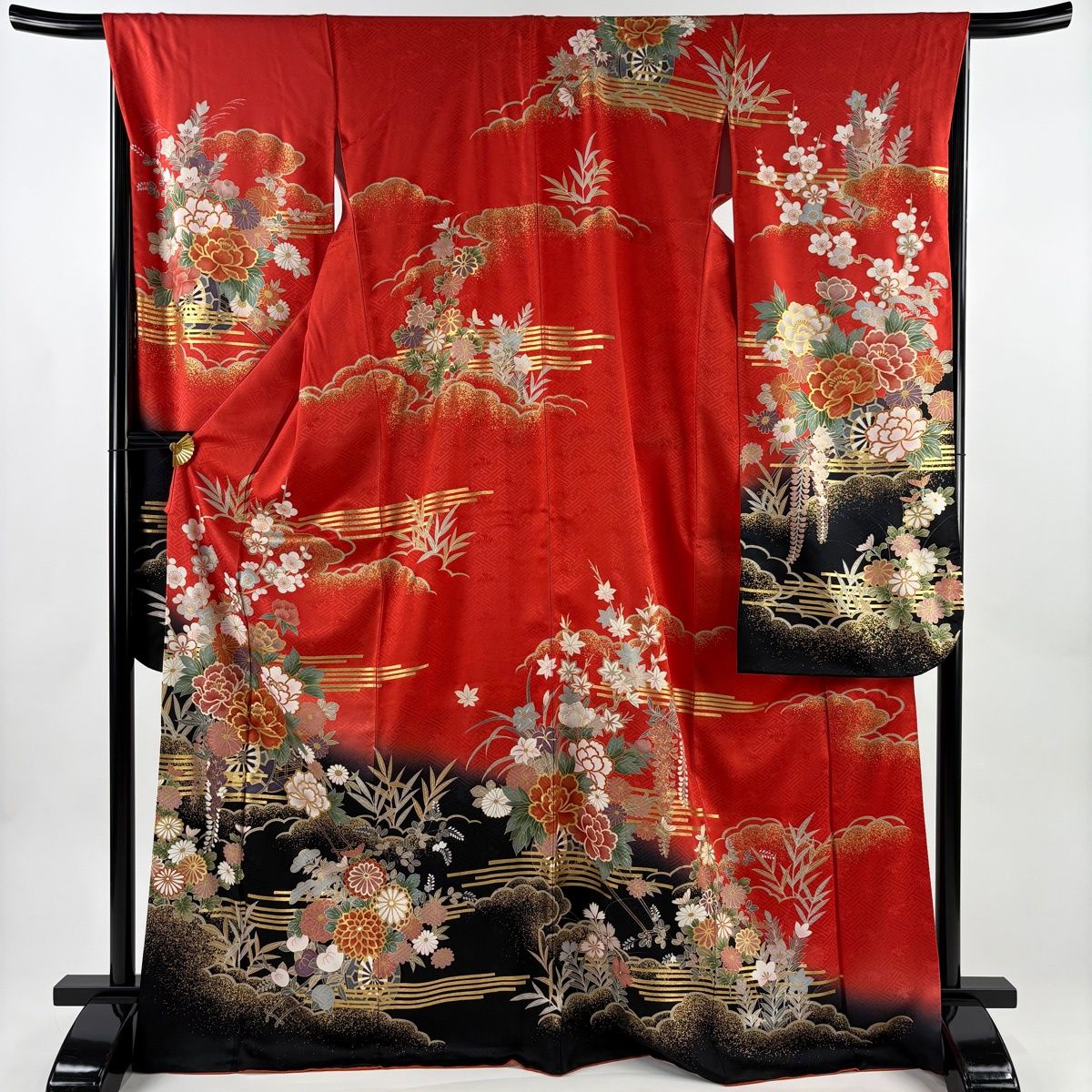 振袖 身丈171 cm 裄丈68 L 袷 牡丹 花車 金糸 金彩 朱色 正絹 秀品