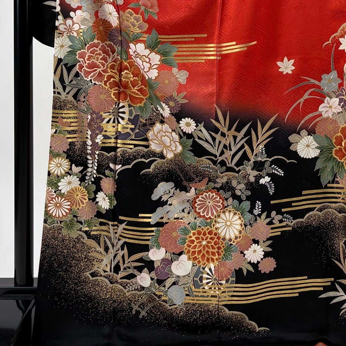 振袖 身丈171 cm 裄丈68 L 袷 牡丹 花車 金糸 金彩 朱色 正絹 秀品