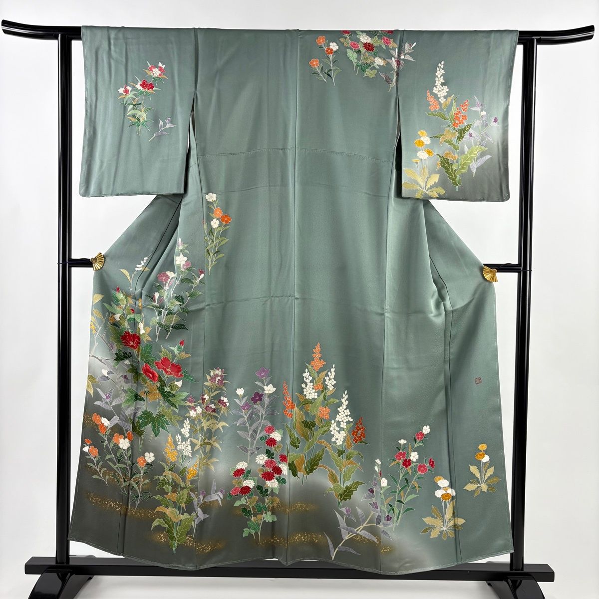 訪問着 身丈156.5 cm 裄丈61 S 袷 落款 草花 霞 刺繍 金彩 灰緑 正絹 秀品