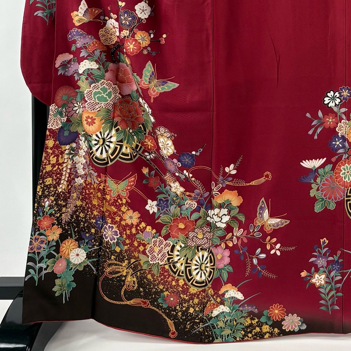 振袖 身丈165 cm 裄丈71 L 袷 花車 蝶 金彩 染め分け えんじ色 正絹 秀品