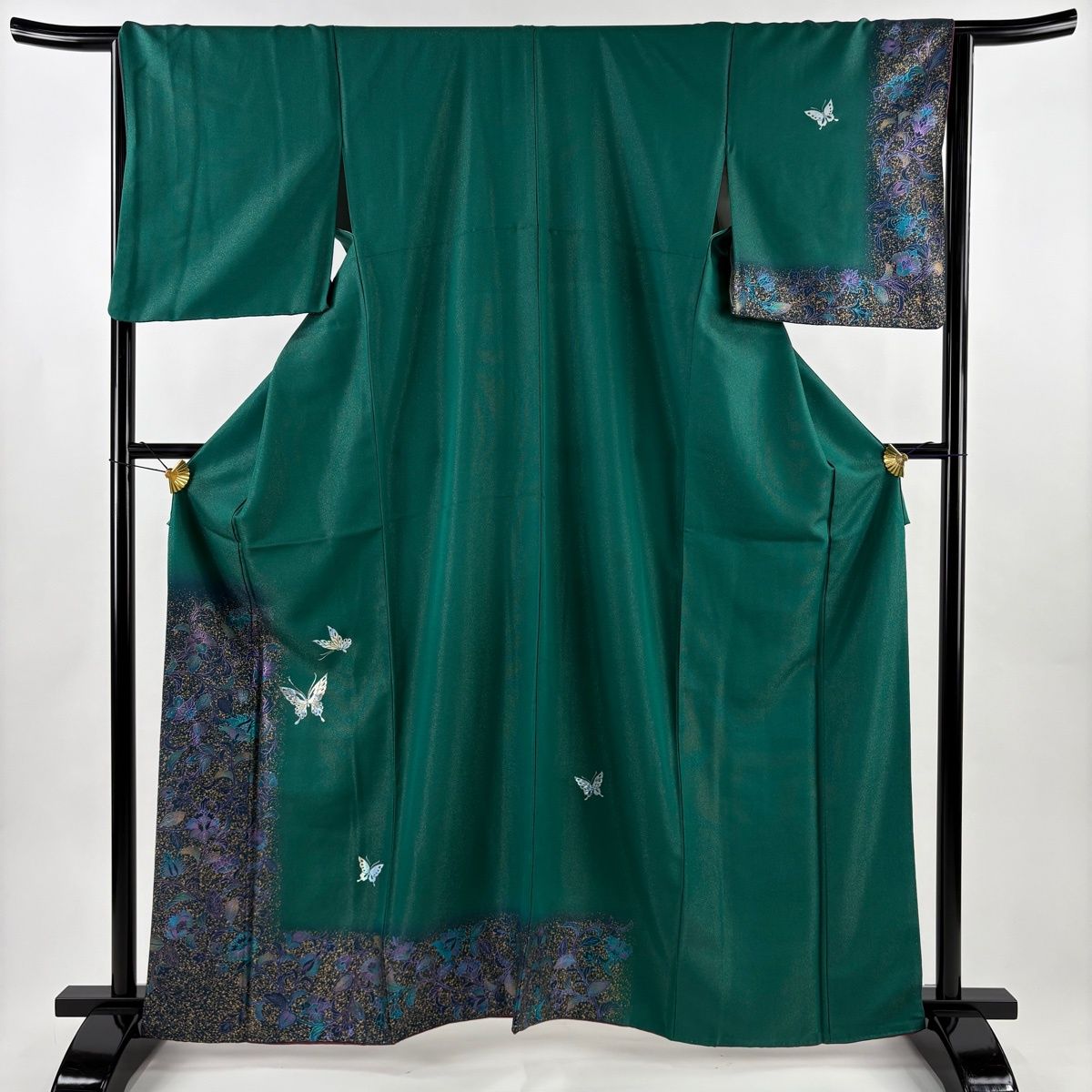 付下げ 身丈164 cm 裄丈66 5 M 袷 蝶 草花 銀通し 金彩 緑 正絹 秀品