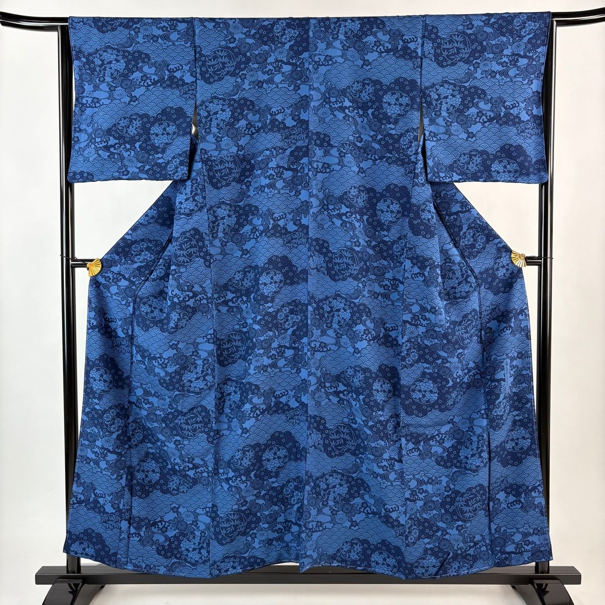 美品】 小紋 身丈156cm 裄丈64.5cm M 袷 落款 花丸文 青海波 藍色 正絹