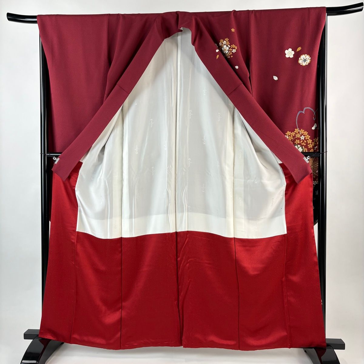  振袖 身丈162.5 cm 裄丈66 M 袷 桜 華文 金糸 金彩 えんじ色 正絹 秀品 振袖 着物