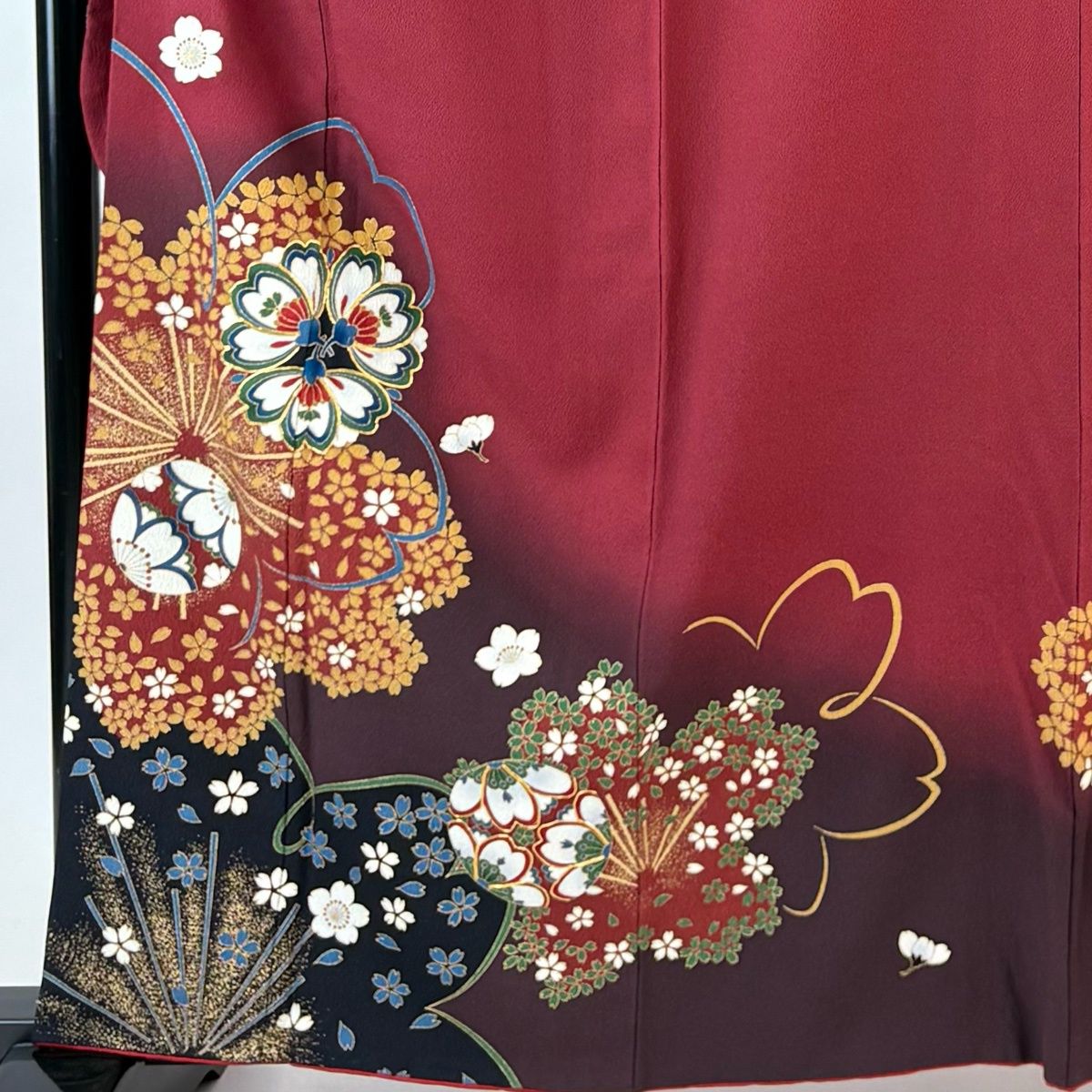 振袖 身丈162.5 cm 裄丈66 M 袷 桜 華文 金糸 金彩 えんじ色 正絹 秀品