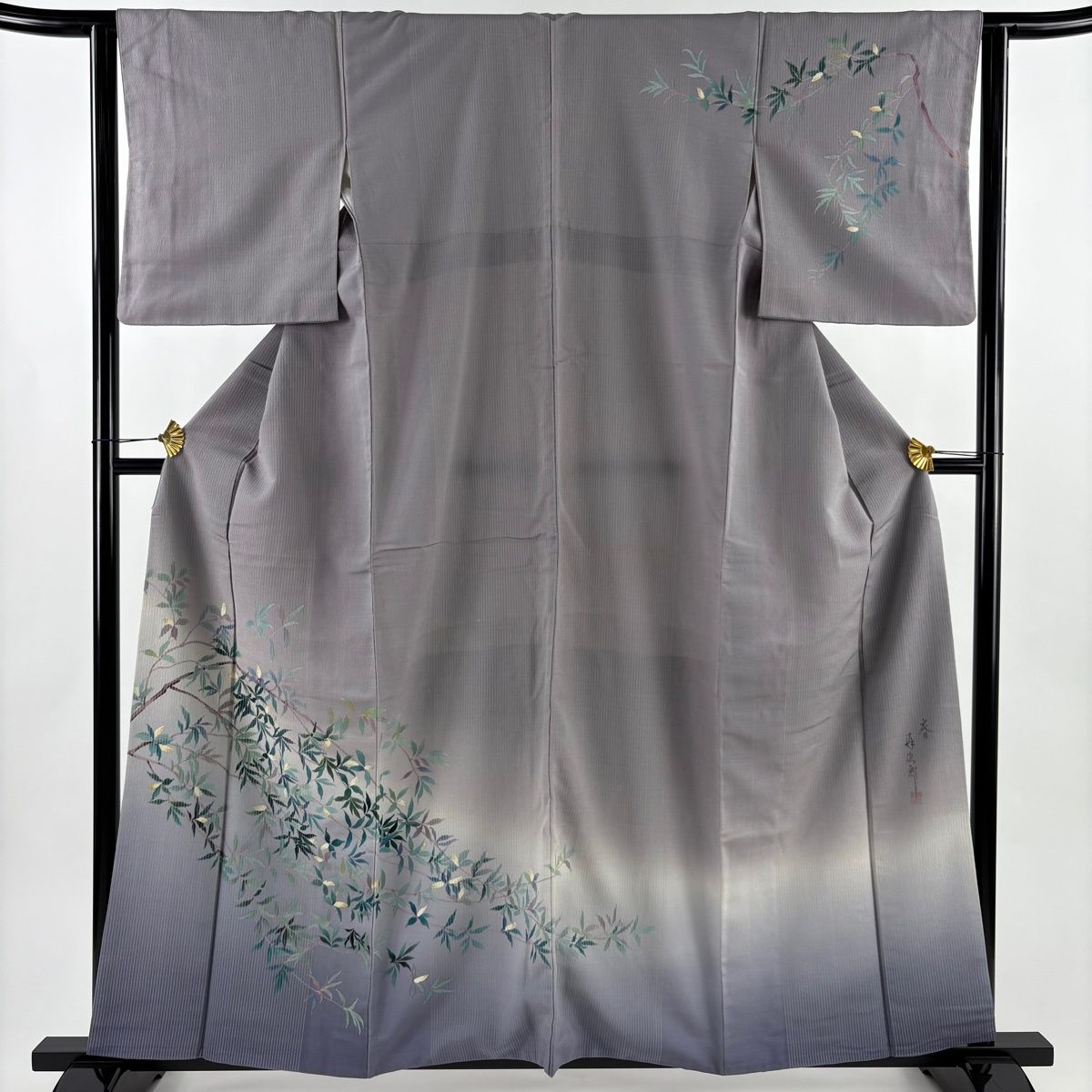 訪問着 身丈159 cm 裄丈61.5 S 袷 二代目清次郎 落款 枝花 ぼかし 灰紫 正絹 秀品