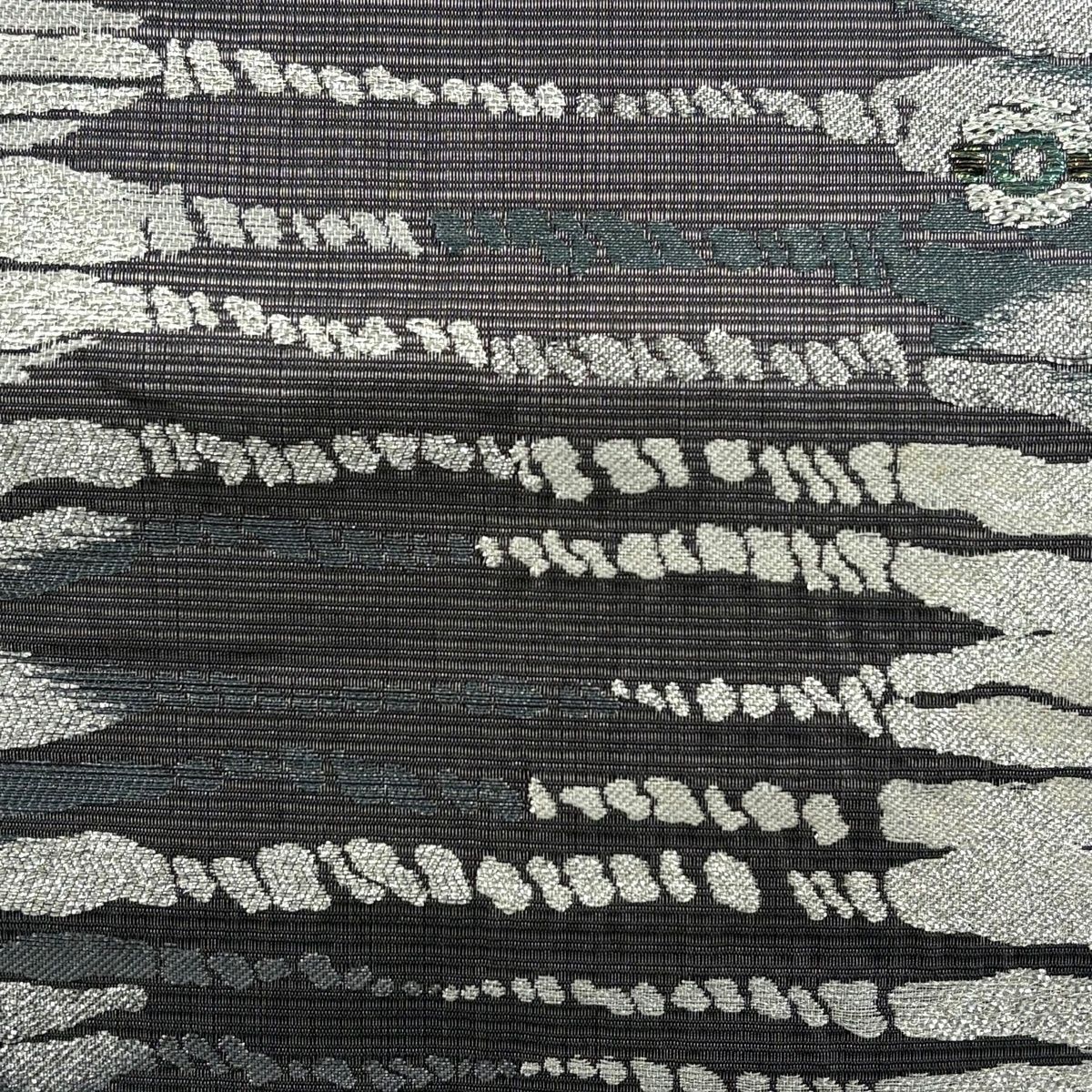 袋帯 名品 吉兵衛 落款 鈴 紐 銀糸 箔 灰色 六通 正絹