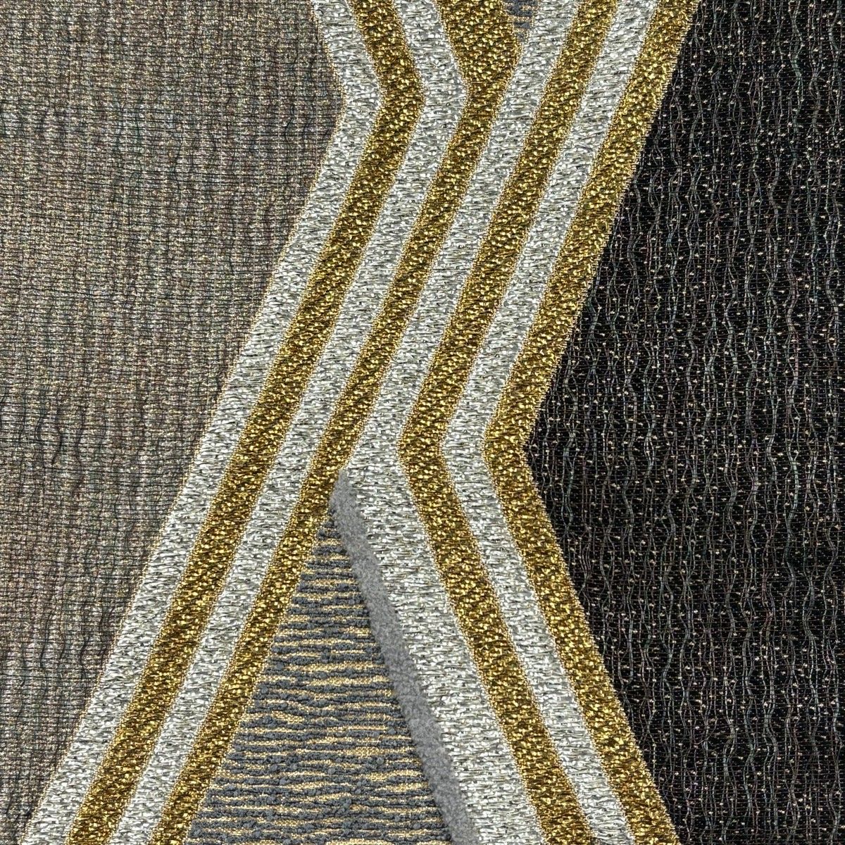 袋帯 名品 幾何学模様 金糸 箔 焦茶色 六通 正絹