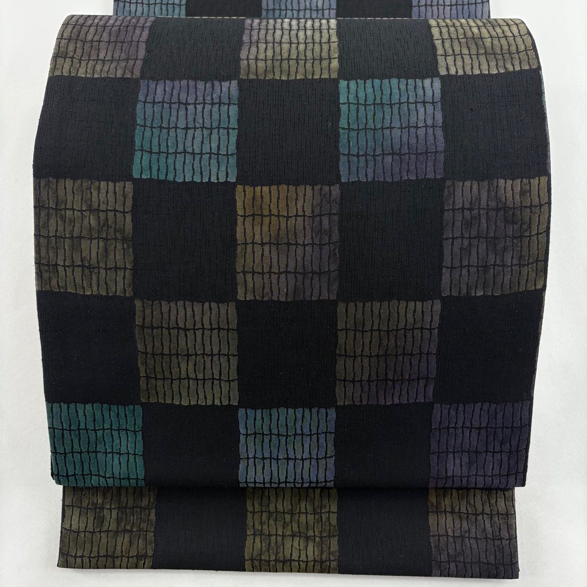 袋帯 落款 紬地 市松 ぼかし 黒 全通 正絹