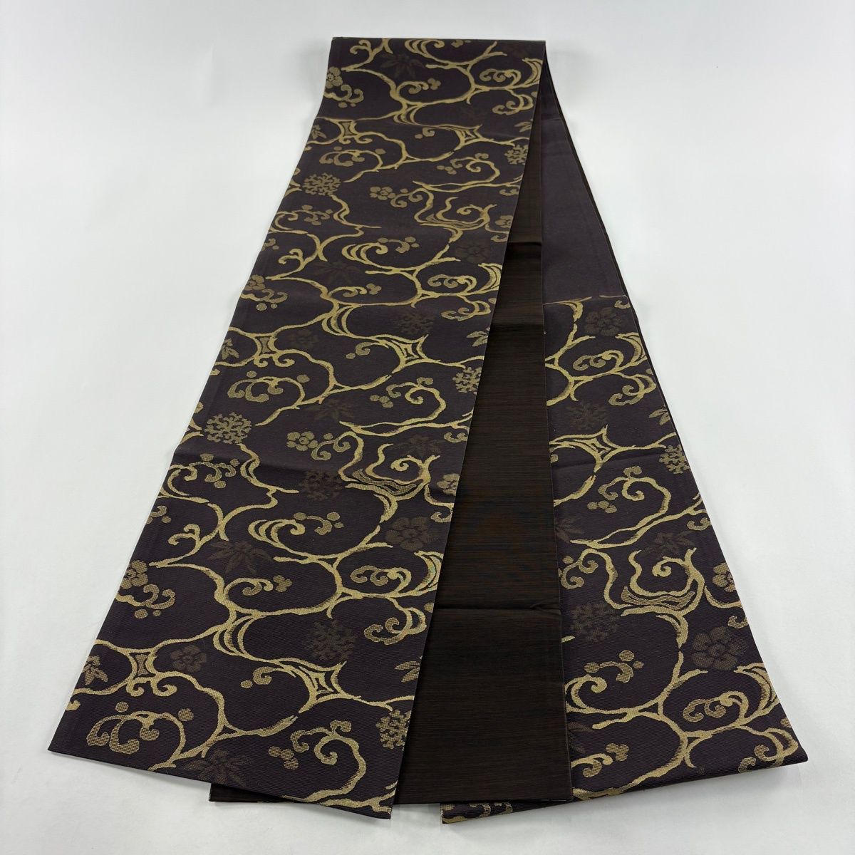  袋帯 花唐草 箔 焦茶色 六通 正絹 袋帯 帯