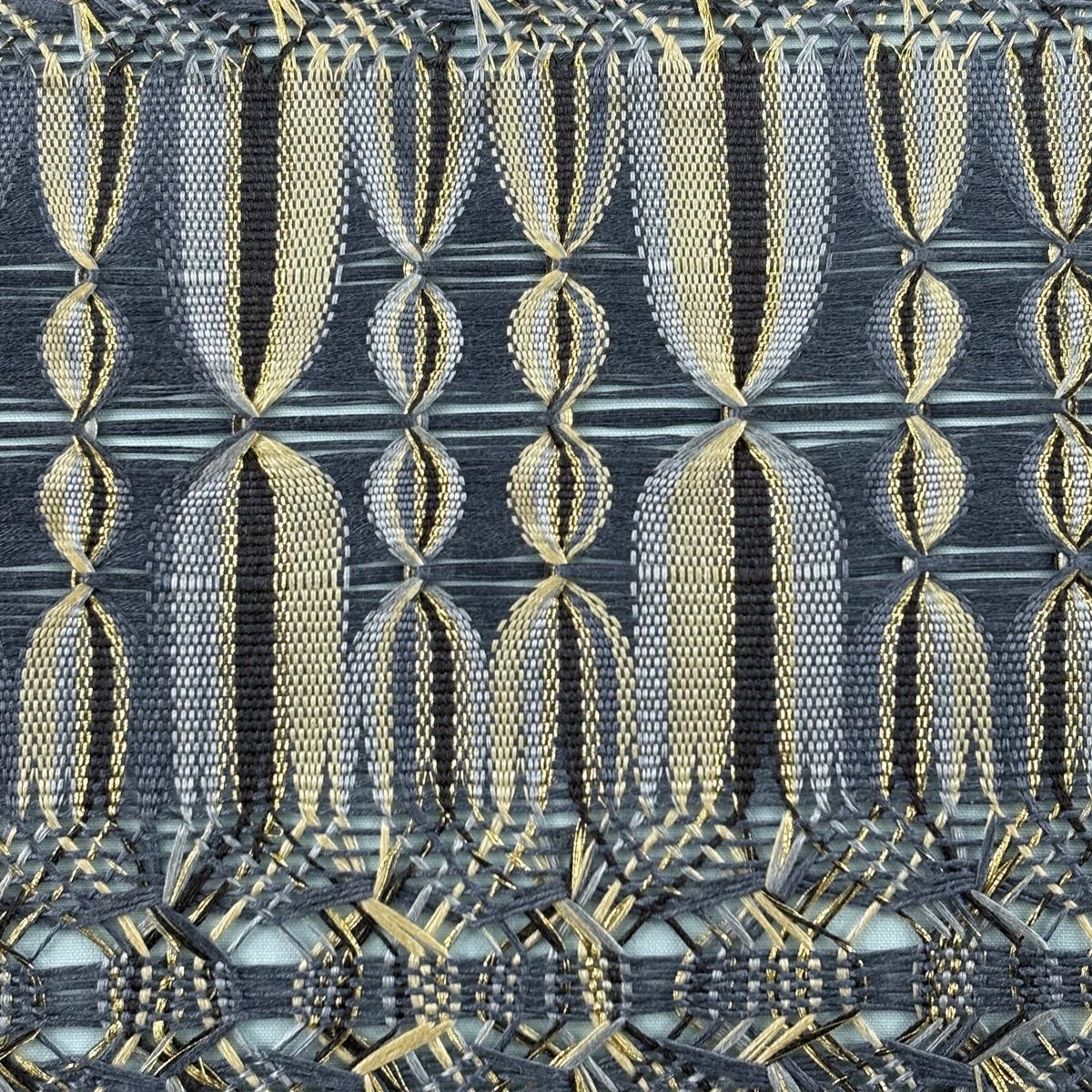袋帯 名品 幾何学 縞 金糸 青灰色 六通 正絹