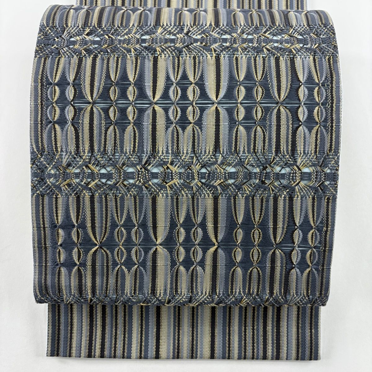 袋帯 幾何学 縞 金糸 青灰色 六通 正絹