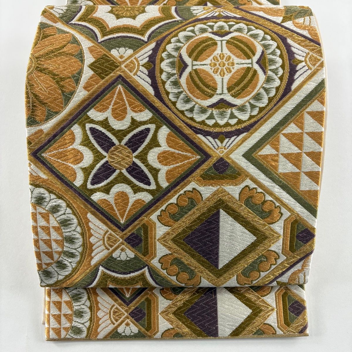 袋帯 名品 河合美術織物 落款 関西仕立て 花柄 菱 金糸 唐織 薄オレンジ 六通 正絹