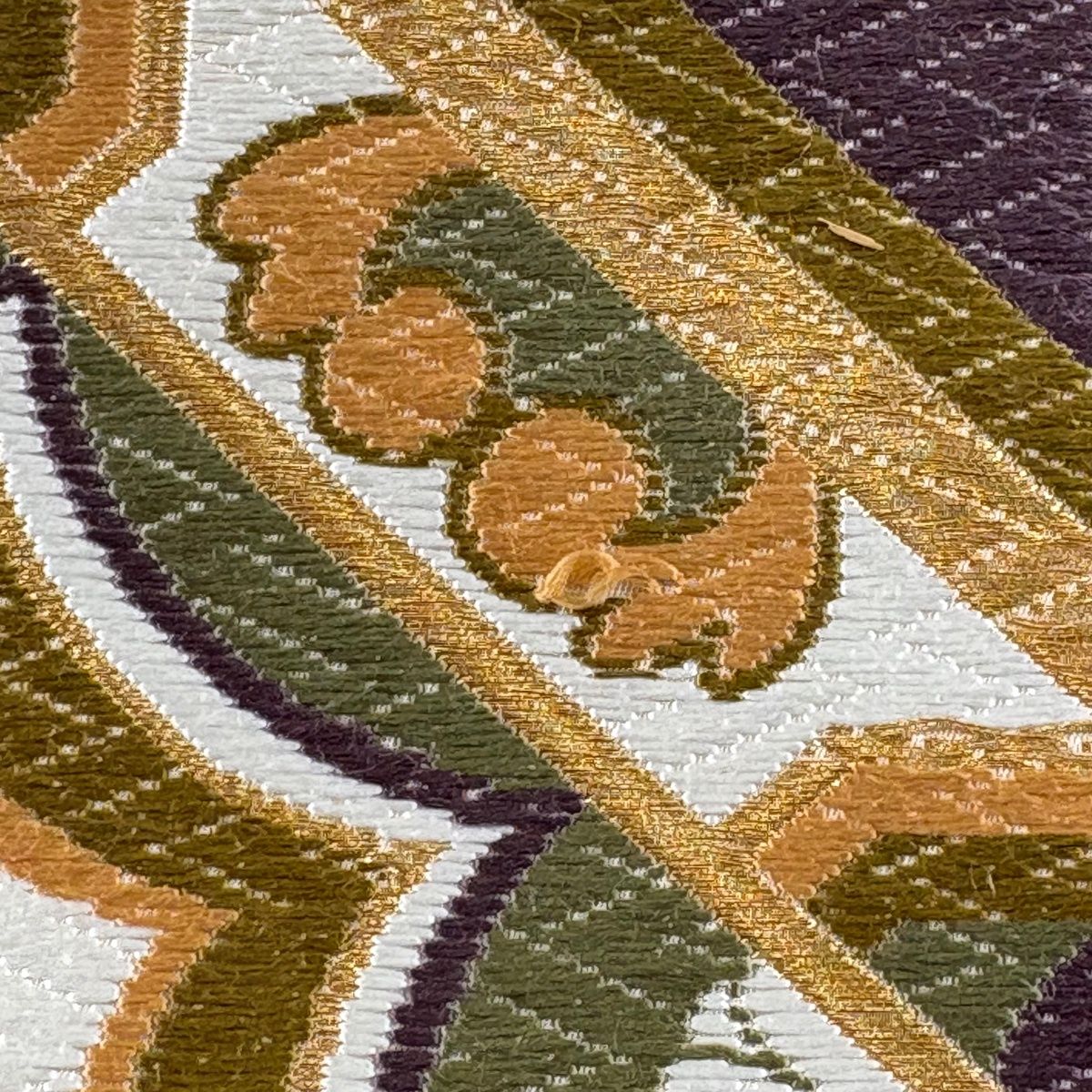  袋帯 河合美術織物 落款 関西仕立て 花柄 菱 金糸 唐織 薄オレンジ 六通 正絹 袋帯 帯