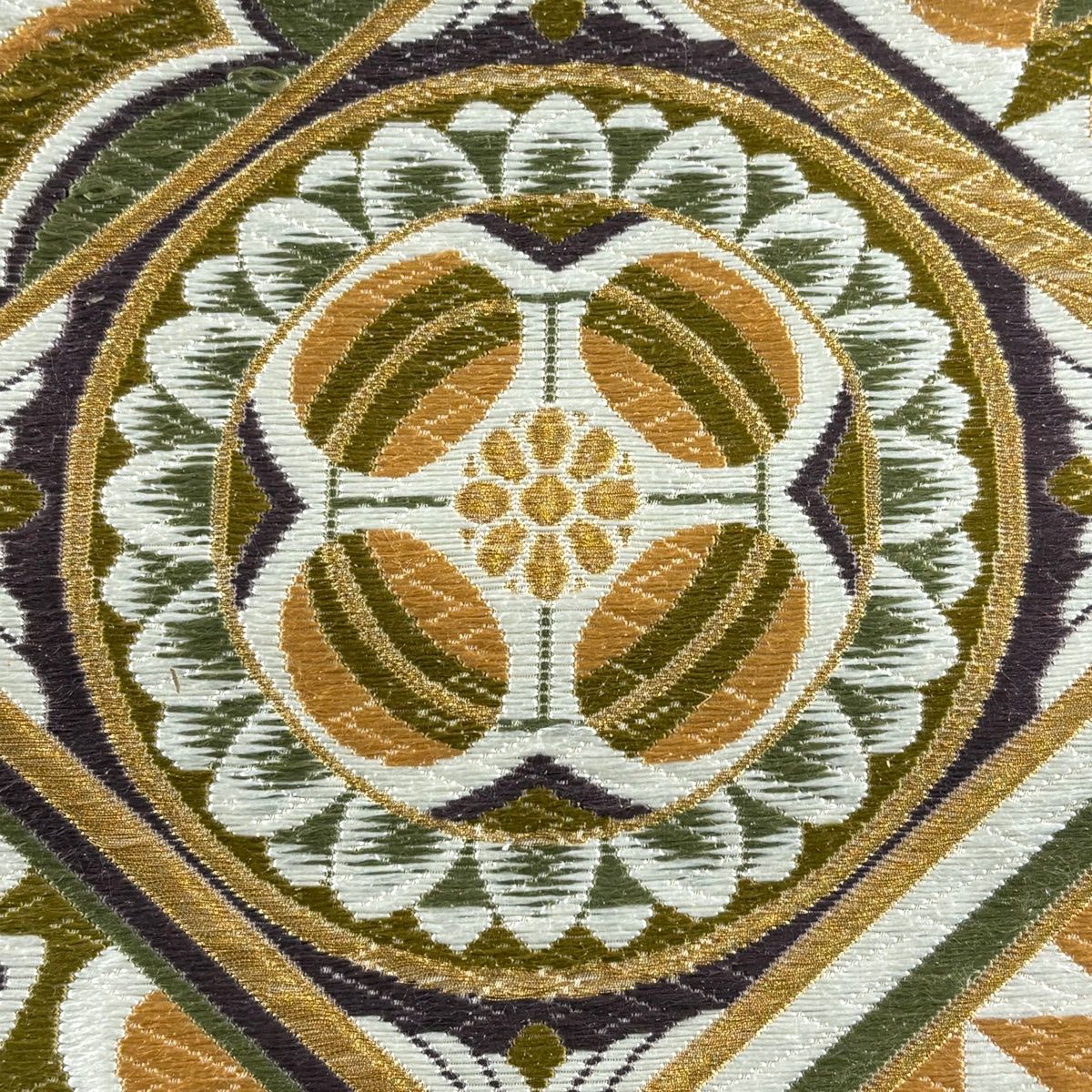 袋帯 河合美術織物 落款 関西仕立て 花柄 菱 金糸 唐織 薄オレンジ 六通 正絹