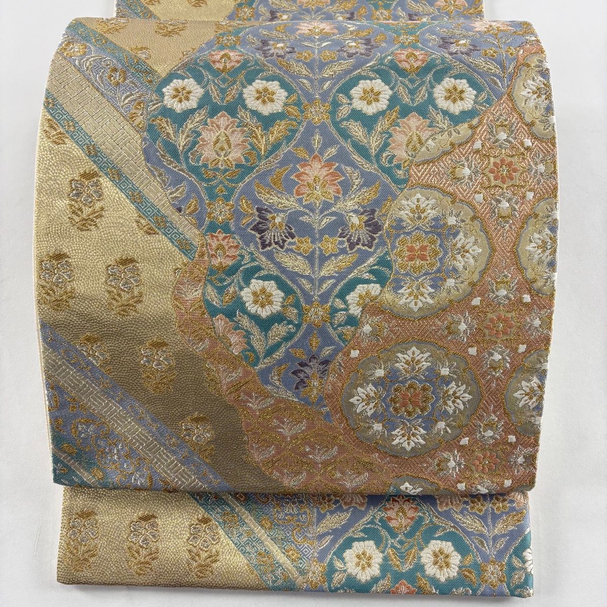 袋帯 名品 華文 花唐草 金銀糸 箔 金色 六通 正絹