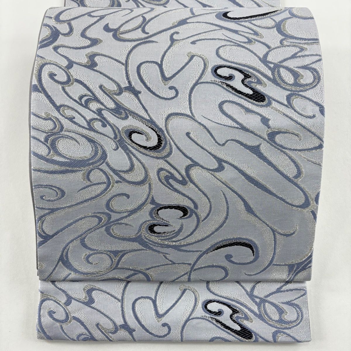 袋帯 証紙 阿波藍染天然灰汁建 流水 銀糸 灰紫 六通 正絹
