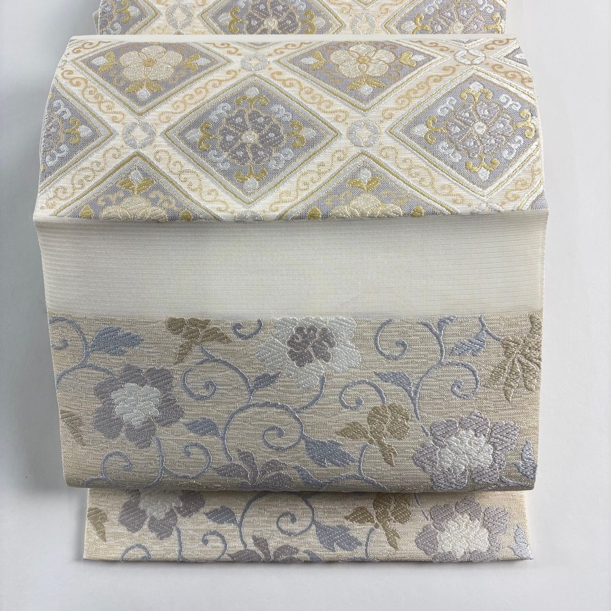 袋帯 夏帯 絽 花唐草 菱 唐織 箔 クリーム 六通 正絹