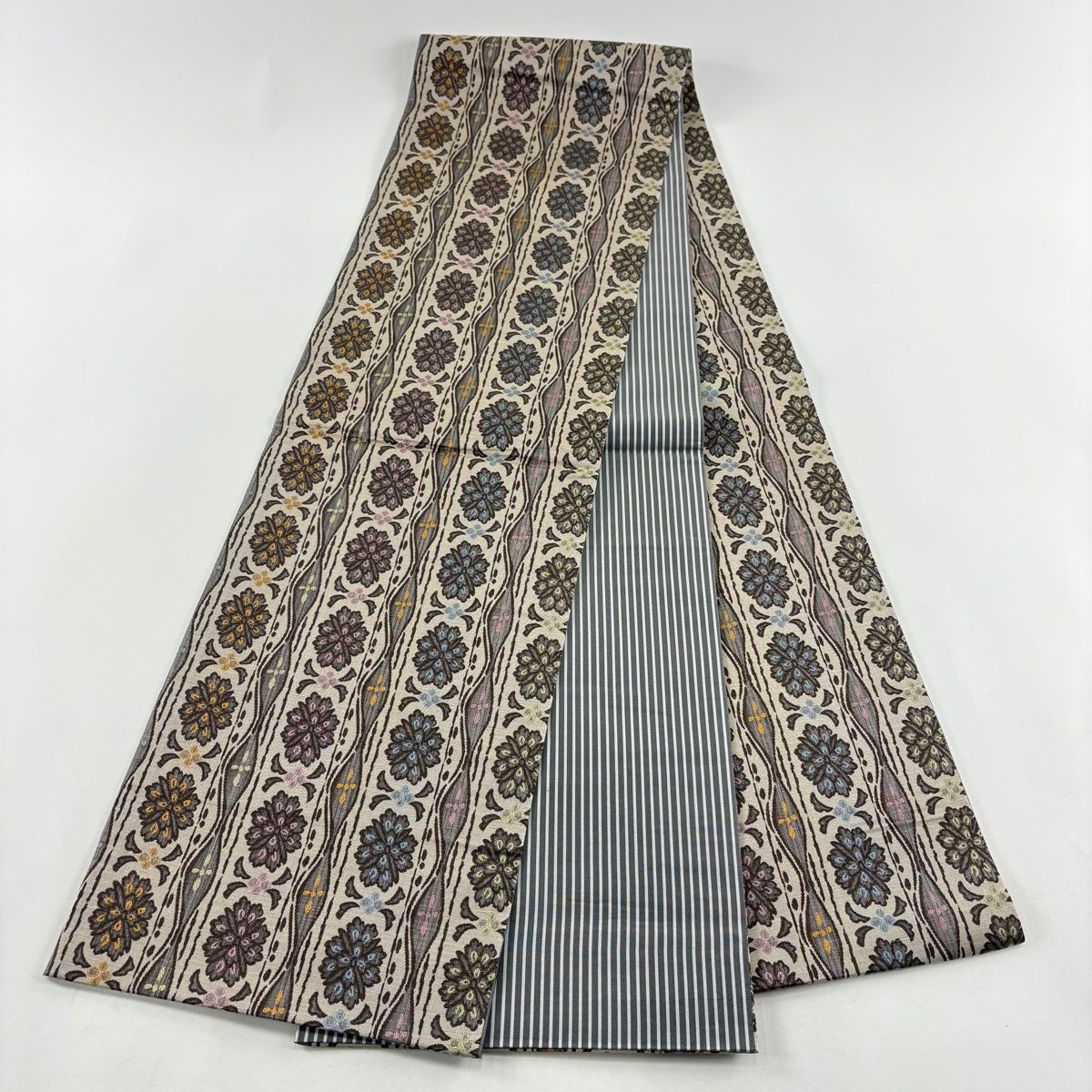  袋帯 名品 花柄 立涌 薄茶色 全通 正絹 袋帯 帯