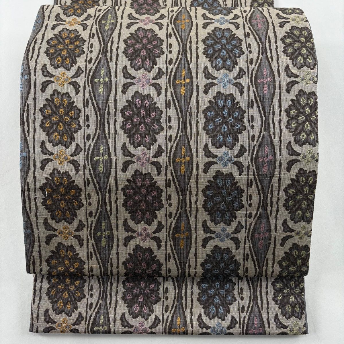 【美品】 袋帯 名品 花柄 立涌 薄茶色 全通 正絹 【】