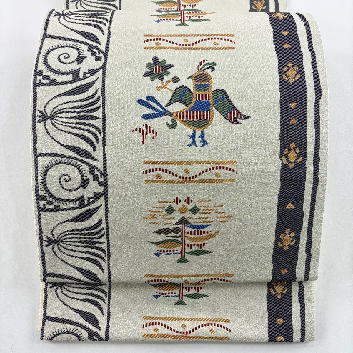 袋帯 鳥 草花 ベージュ 六通 正絹