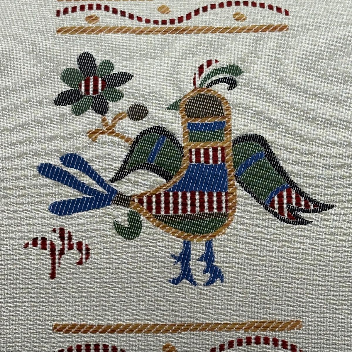 袋帯 鳥 草花 ベージュ 六通 正絹