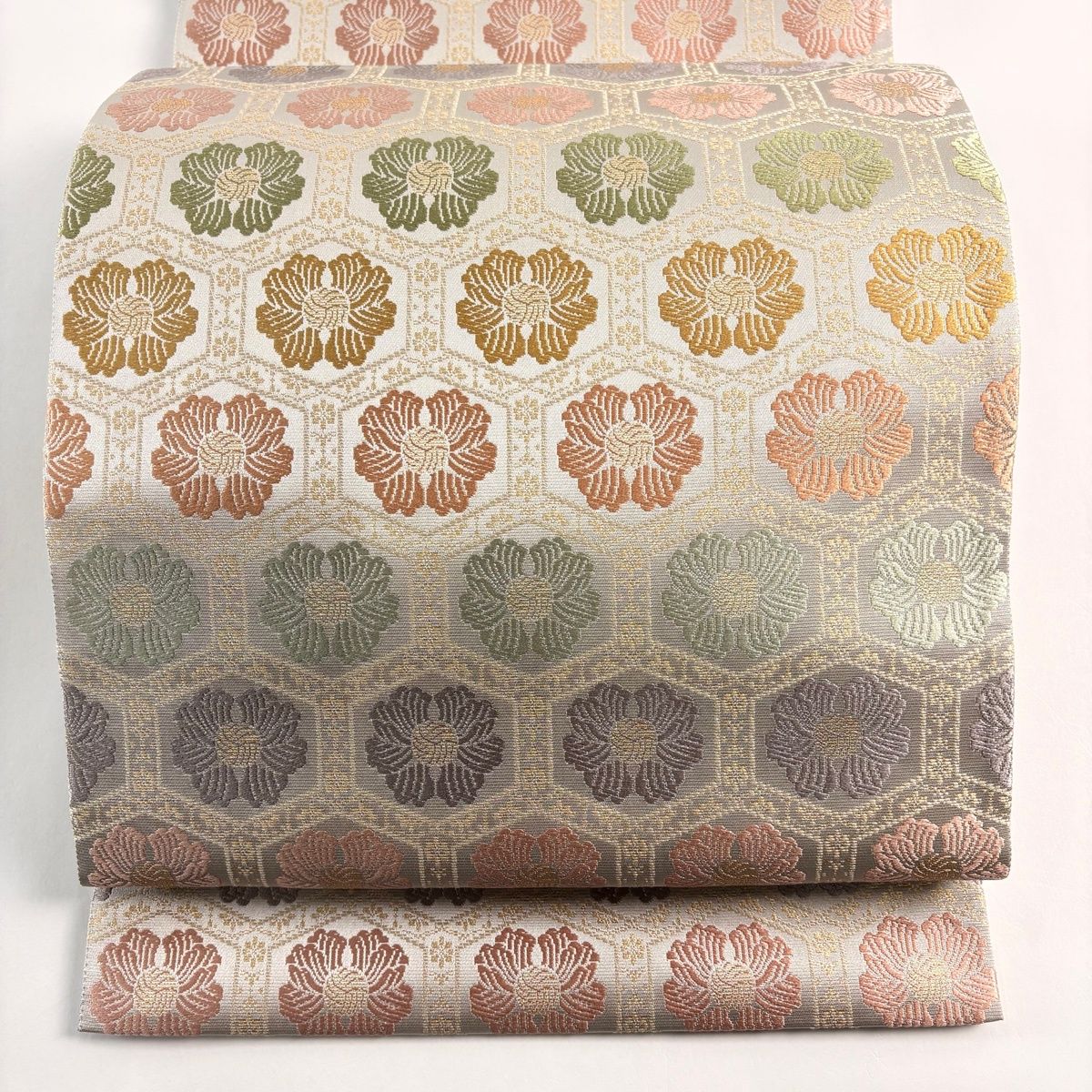 袋帯 名品 箔屋清兵衛 落款 西陣織 花柄 亀甲 箔 灰色 六通 正絹