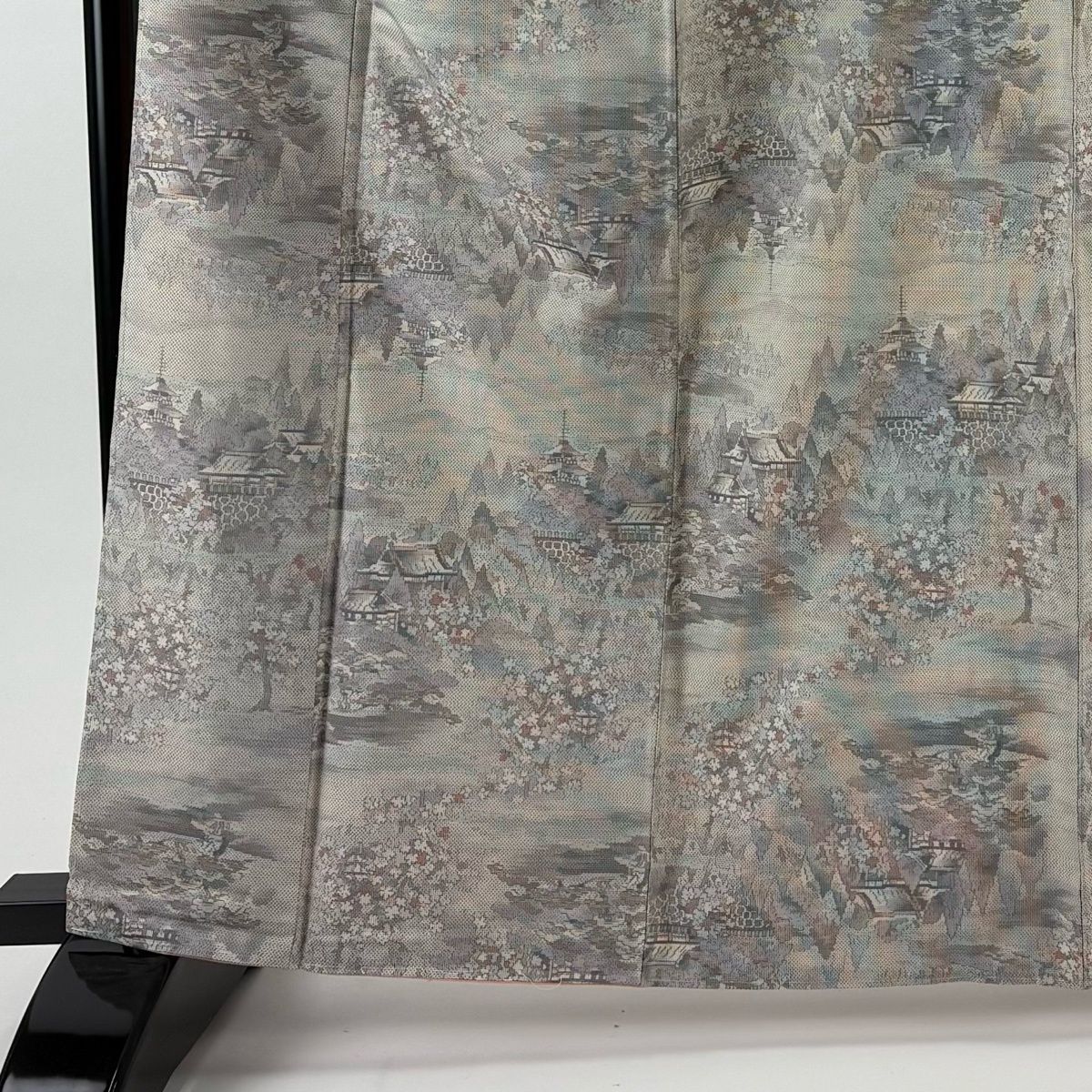 大島紬 身丈165.5 cm 裄丈67 M 袷 都喜ヱ門 証紙 風景 建物 灰白 正絹