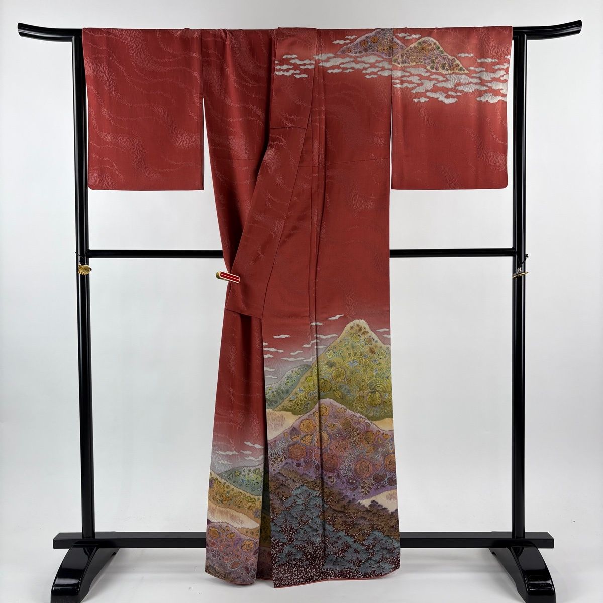  訪問着 身丈162 5 cm 裄丈65 M 袷 吉乃一廉 落款 辻が花 風景 銀通し ぼかし 茜色 正絹 訪問着 付け下げ 着物