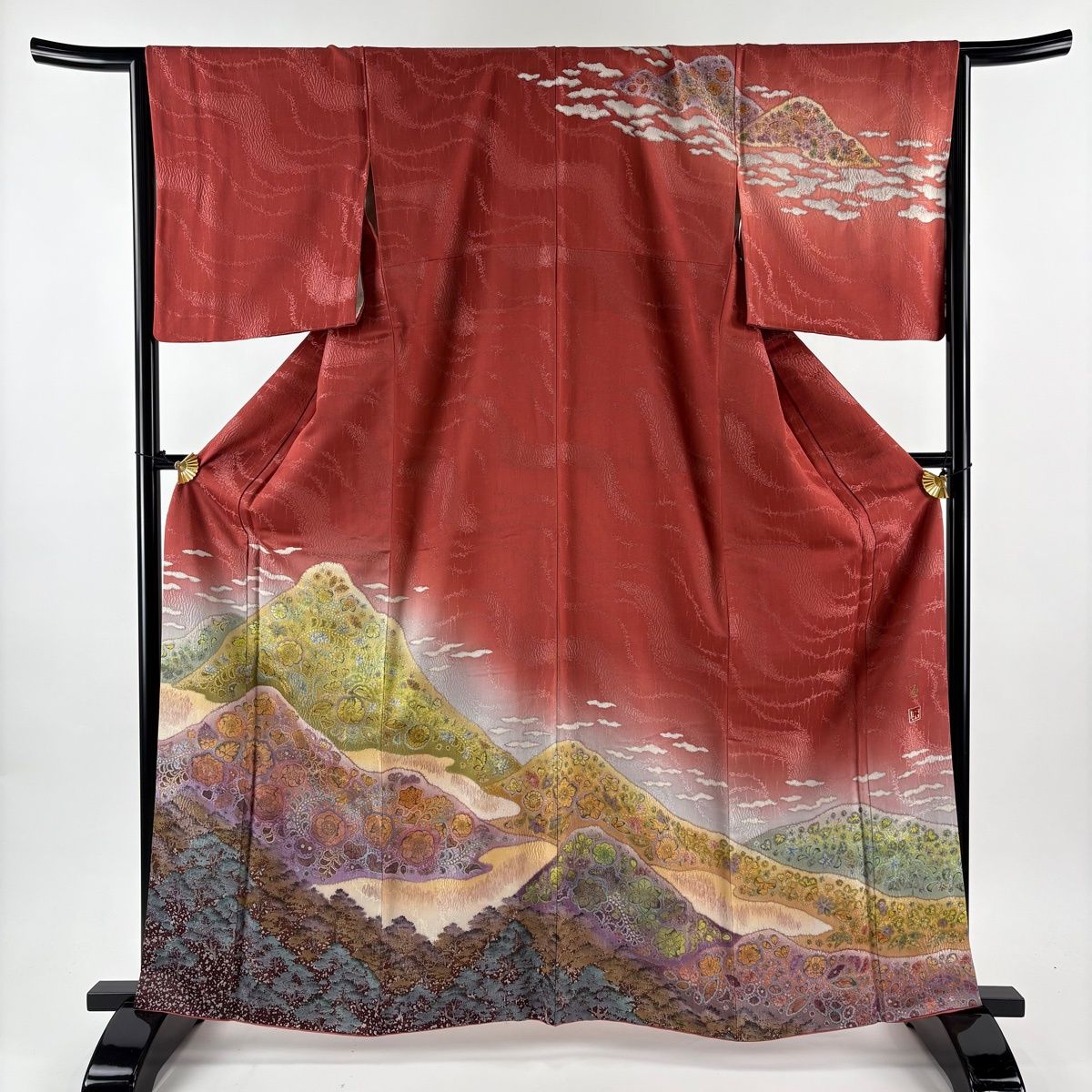 訪問着 身丈162.5 cm 裄丈65.5 M 袷 吉乃一廉 落款 辻が花 風景 銀通し ぼかし 茜色 正絹