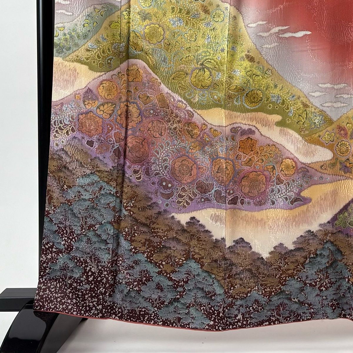 訪問着 身丈162.5 cm 裄丈65.5 M 袷 吉乃一廉 落款 辻が花 風景 銀通し ぼかし 茜色 正絹