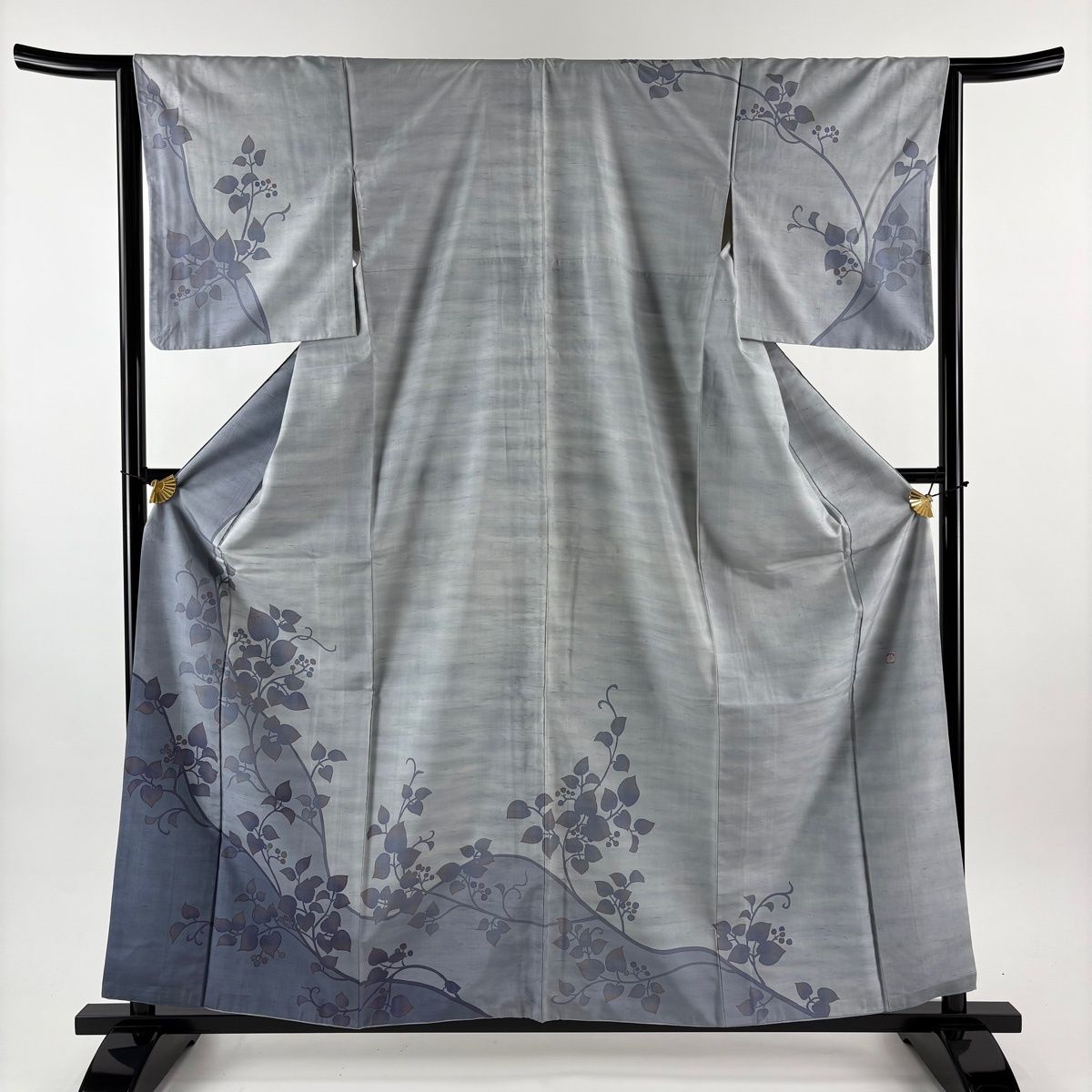 訪問着 身丈160 cm 裄丈64 5 M 袷 牛首紬地 落款 証紙 葉と実 染め分け 青灰色 正絹