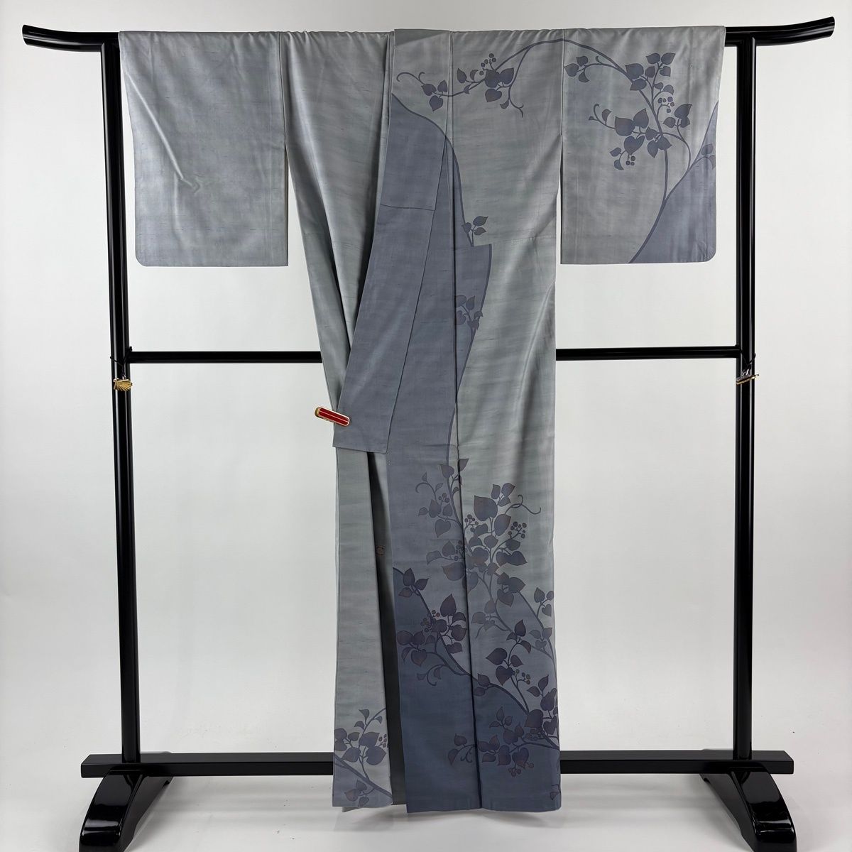  訪問着 身丈160 cm 裄丈64 5 M 袷 牛首紬地 落款 証紙 葉と実 染め分け 青灰色 正絹 訪問着 付け下げ 着物