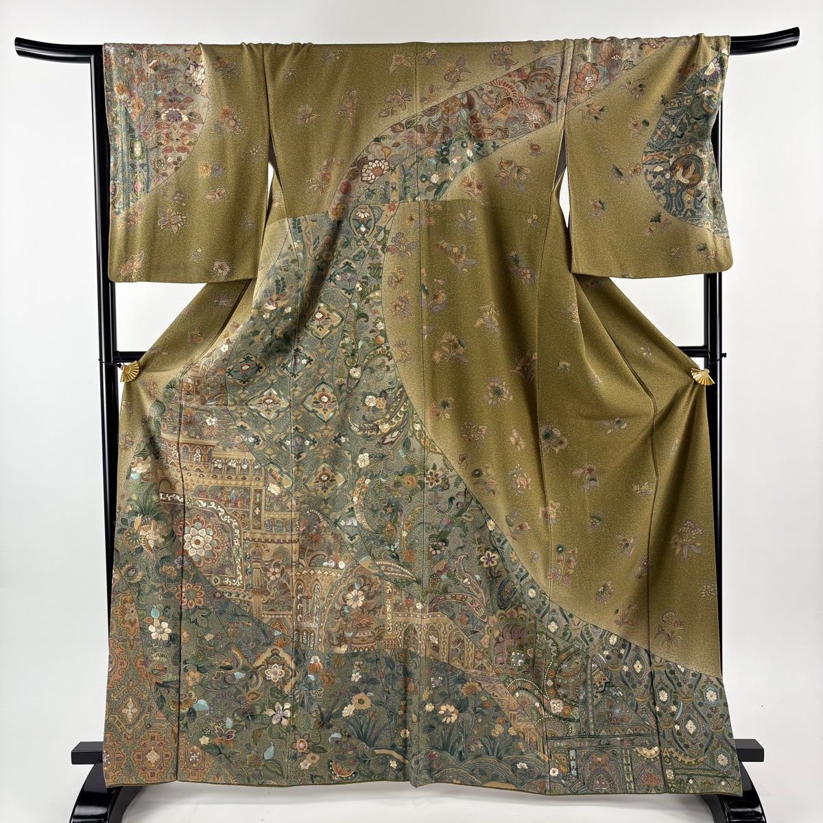 訪問着 身丈166cm 裄丈68cm L 袷 花鳥 華文 刺繍 金糸 茶緑色 正絹