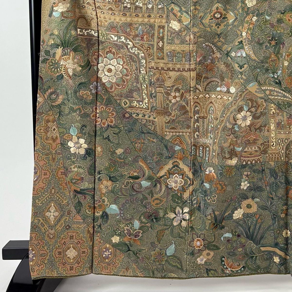 訪問着 身丈166 cm 裄丈68 L 袷 花鳥 華文 刺繍 金糸 茶緑色 正絹