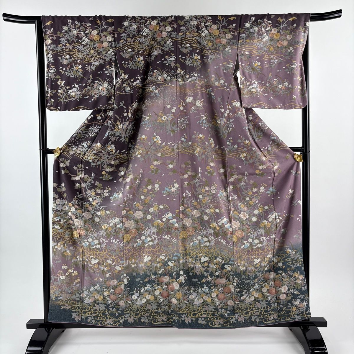 訪問着 身丈161 cm 裄丈67 M 袷 草花 流水 刺繍 金彩 灰紫 正絹