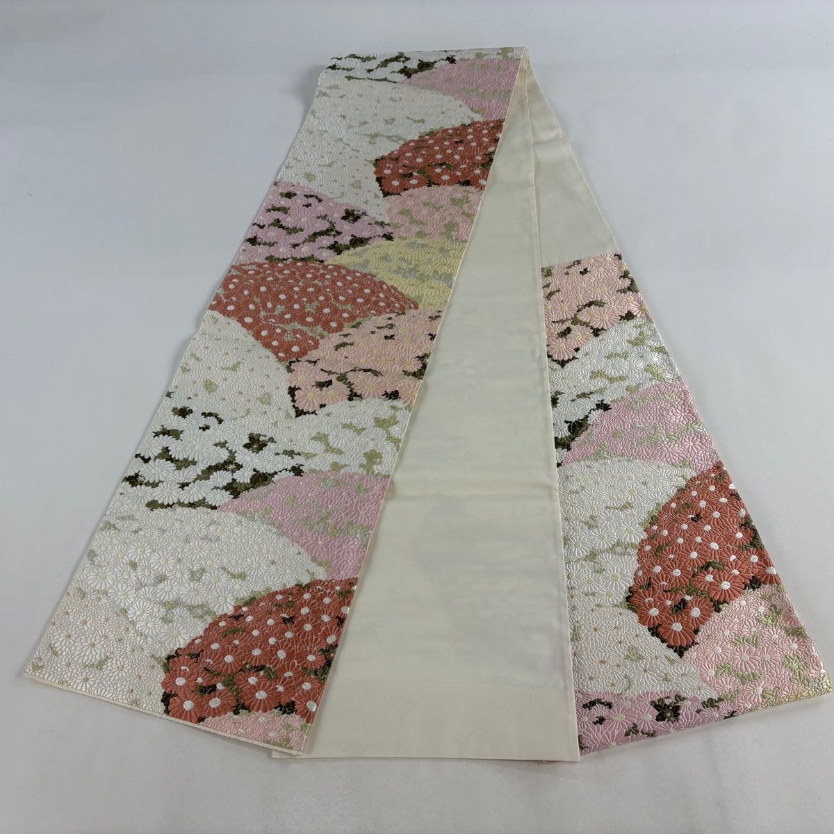  袋帯 落款 共 き 山口弘躬 菊御苑 菊 唐織 クリーム 六通 正絹 袋帯 帯