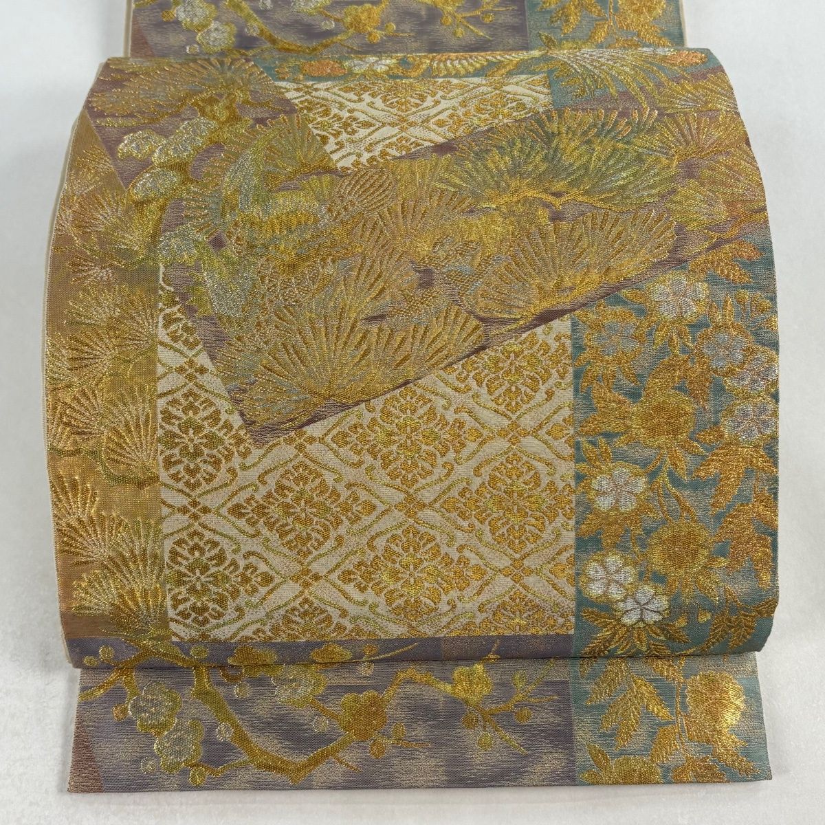 袋帯 川島織物 落款 鳳凰 松梅 金銀糸 箔 金色 六通 正絹