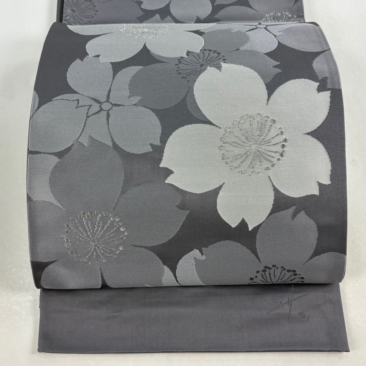 袋帯 辻村ジュサブロー 落款 桜 銀糸 灰紫 六通 正絹