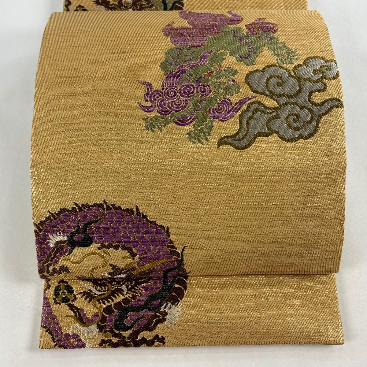 美品】 袋帯 逸品 幻の貝紫 龍 瑞雲 金糸 箔 金色 お太鼓柄 正絹