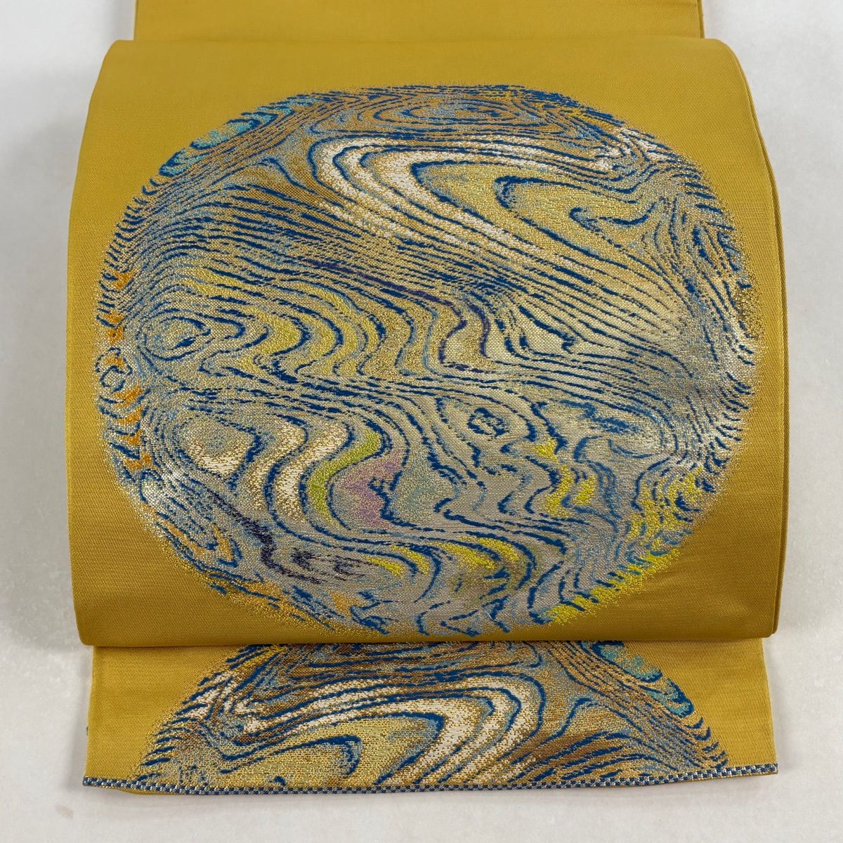 袋帯 落款 龍村光翔 関西仕立て 本袋 水月盆 金糸 箔 黄土色 お太鼓柄 正絹