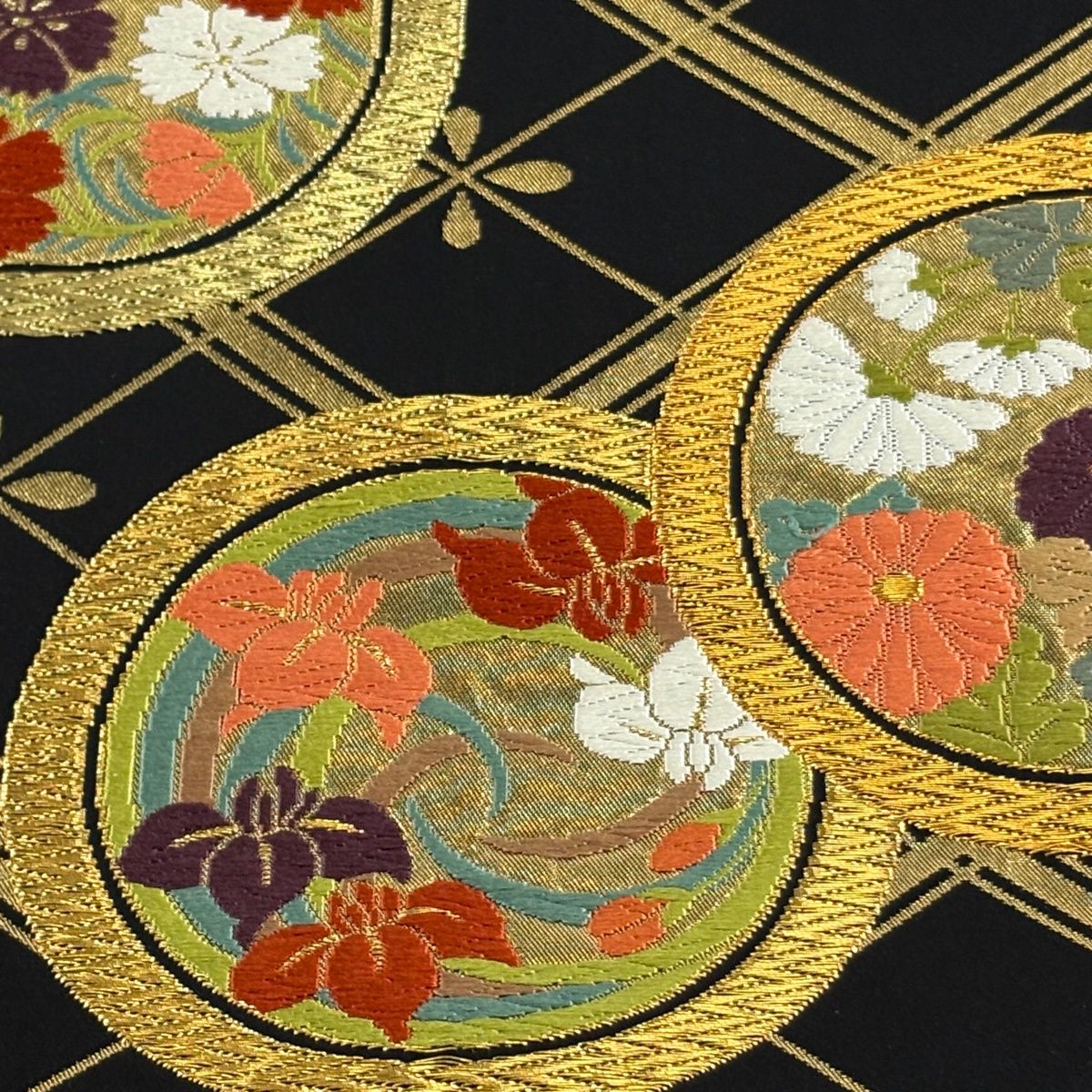 袋帯 河合美術織物 落款 豊明錦 花丸文 業平菱 唐織 金糸 黒灰 六通 正絹