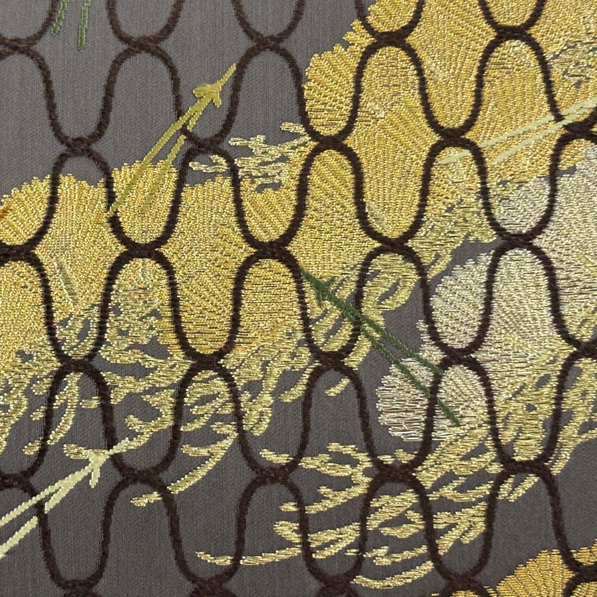 袋帯 落款 山口弘躬染織 松 松葉 金糸 箔 灰紫 お太鼓柄 正絹