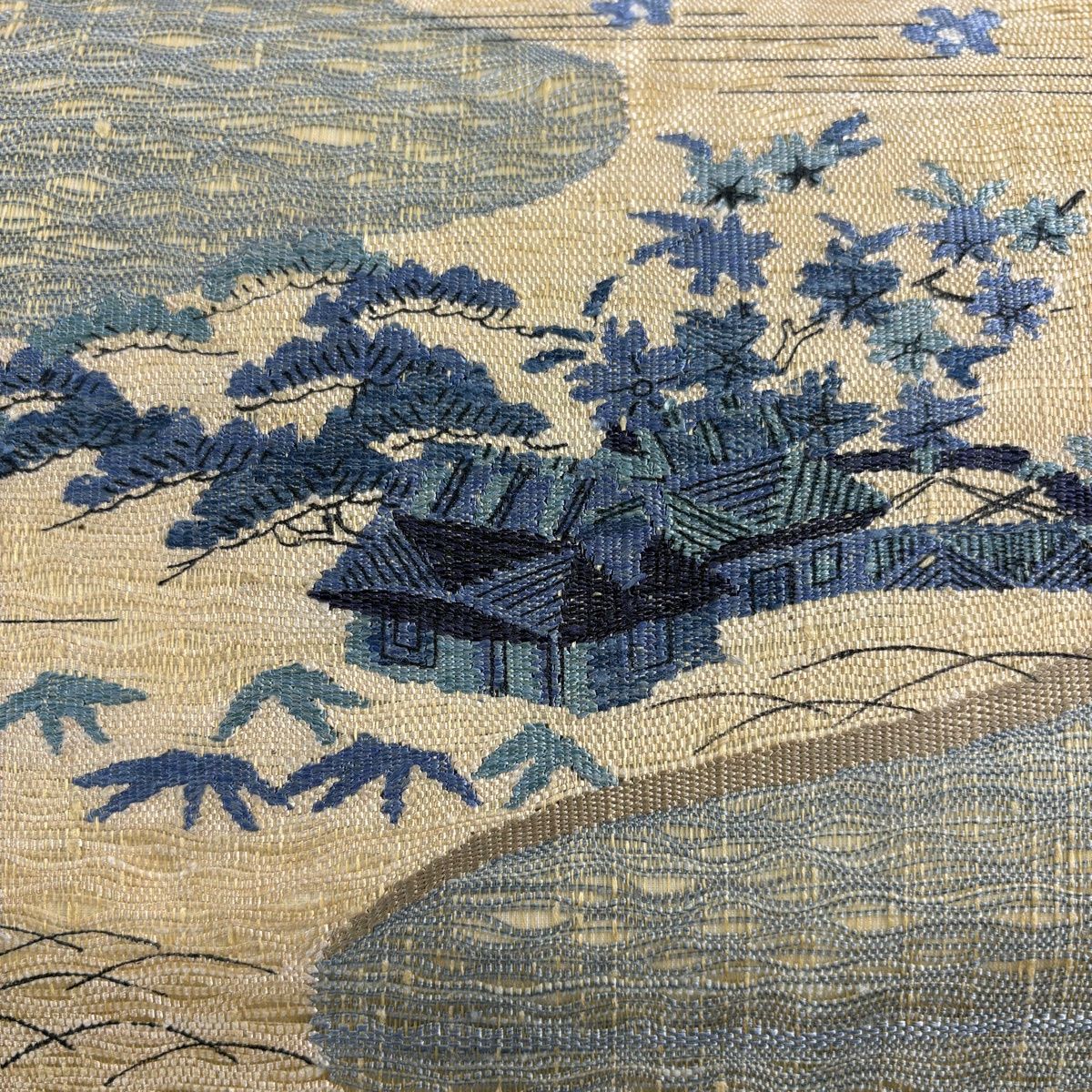 袋帯 秀品 家屋 松竹梅 ベージュ お太鼓柄 正絹